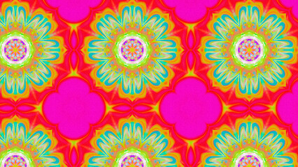 Seamless psychedelic kaleidoscope pattern with neon green, pink and orange mandala symmetry