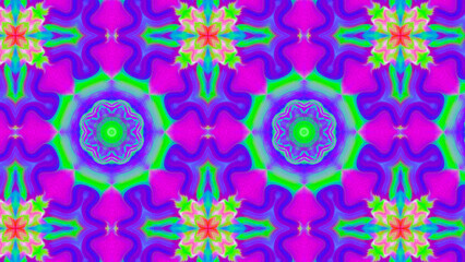 Seamless psychedelic kaleidoscope pattern with neon green, pink and orange mandala symmetry