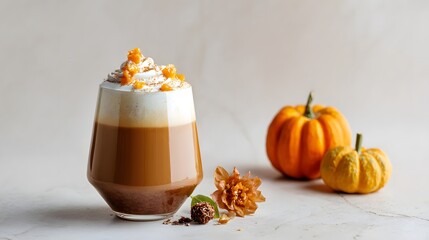 Pumpkin latte with whipped cream and caramelized pumpkin on beige background. Pumpkin latte with whipped cream and caramel on light background.