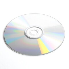Isolated, shiny digital storage medium with a reflective, iridescent surface, viewed on a white background. Centered design, light source