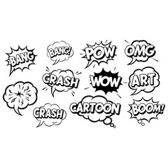 Fototapeta premium Monochrome Comic Speech and Explosion Bubbles Vector Set - BANG, POW, CRASH, Collection of Retro Pop Art Sound Effects and Text Balloons with Halftone, vintage pop art, cartoons, graphic novels.