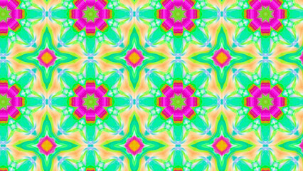 Seamless psychedelic kaleidoscope pattern with neon green, pink and orange mandala symmetry