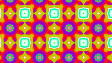 Seamless psychedelic kaleidoscope pattern with neon green, pink and orange mandala symmetry