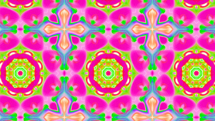 Seamless psychedelic kaleidoscope pattern with neon green, pink and orange mandala symmetry