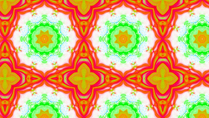 Seamless psychedelic kaleidoscope pattern with neon green, pink and orange mandala symmetry