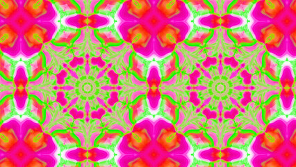 Seamless psychedelic kaleidoscope pattern with neon green, pink and orange mandala symmetry