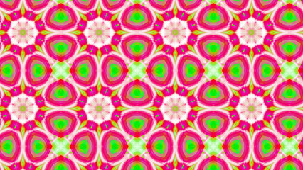 Seamless psychedelic kaleidoscope pattern with neon green, pink and orange mandala symmetry