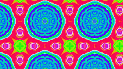 Seamless psychedelic kaleidoscope pattern with neon green, pink and orange mandala symmetry