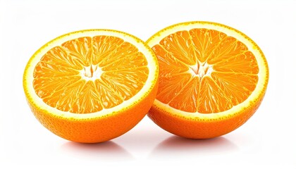 Close-Up Two Halves of a Juicy Orange Fruit with Visible Texture and Water Droplets Isolated on a White Background