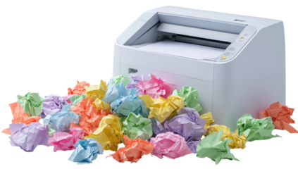 White office printer with a pile of colorful crumpled paper scattered in front of it
