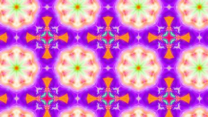 Seamless psychedelic kaleidoscope pattern with neon green, pink and orange mandala symmetry