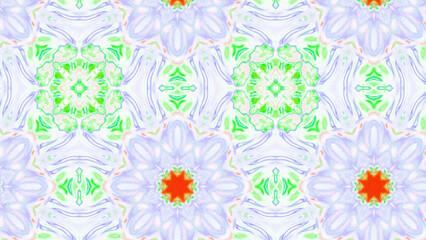 Seamless psychedelic kaleidoscope pattern with neon green, pink and orange mandala symmetry