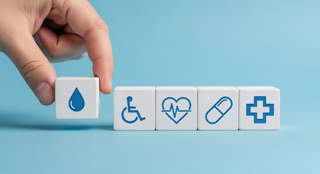 Healthcare Concept: Icons on Wooden Blocks, Hand Placing Water Drop