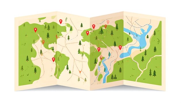 Folded map illustration featuring continents, rivers, trees, and red location markers. Styled with soft colors and a clean, white background