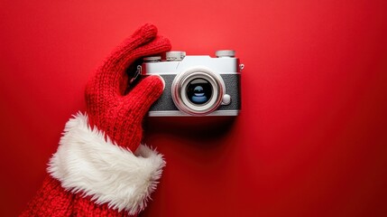 Santa's hands holding vintage camera on red background. Possible use holiday greeting card or website banner