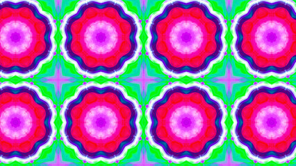 Seamless psychedelic kaleidoscope pattern with neon green, pink and orange mandala symmetry