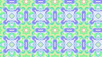 Seamless psychedelic kaleidoscope pattern with neon green, pink and orange mandala symmetry