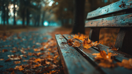 Wooden bench in serene park is covered with fallen autumn leaves, creating peaceful and nostalgic atmosphere. blurred background of trees and path adds depth to scene