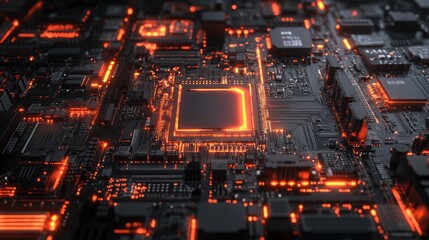 Obraz premium Illuminated Circuit Board with Processor, High Tech Background