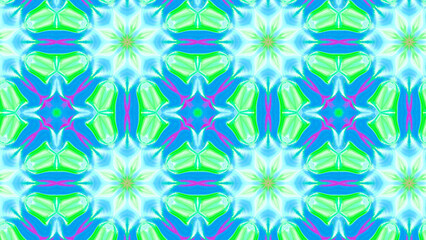 Seamless psychedelic kaleidoscope pattern with neon green, pink and orange mandala symmetry
