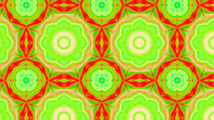 Seamless psychedelic kaleidoscope pattern with neon green, pink and orange mandala symmetry