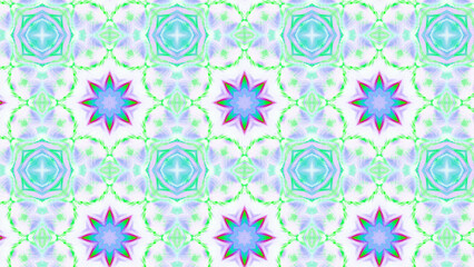 Seamless psychedelic kaleidoscope pattern with neon green, pink and orange mandala symmetry
