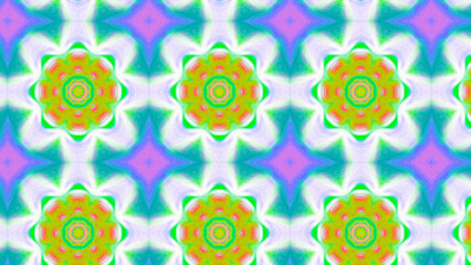 Seamless psychedelic kaleidoscope pattern with neon green, pink and orange mandala symmetry