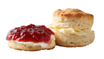 Two English scones, one with jam, the other with butter. Isolated on black background