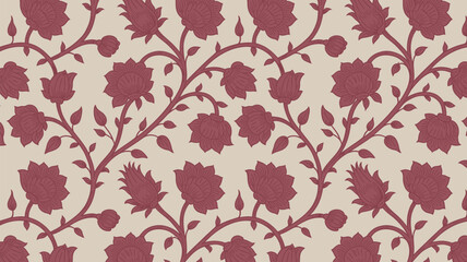 Stunning floral vine pattern with delicate buds and blooms in rich maroon hues, perfect for elegant textiles, sophisticated wallpaper, or unique designs