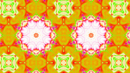 Seamless psychedelic kaleidoscope pattern with neon green, pink and orange mandala symmetry