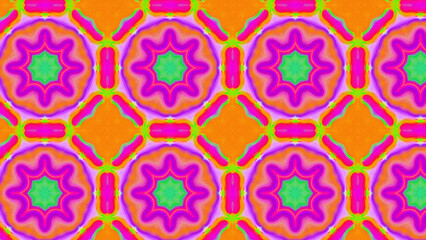 Seamless psychedelic kaleidoscope pattern with neon green, pink and orange mandala symmetry