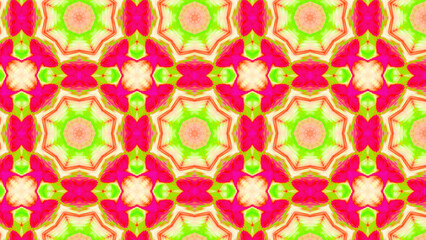 Seamless psychedelic kaleidoscope pattern with neon green, pink and orange mandala symmetry
