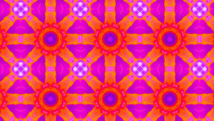 Seamless psychedelic kaleidoscope pattern with neon green, pink and orange mandala symmetry