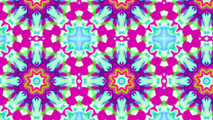 Seamless psychedelic kaleidoscope pattern with neon green, pink and orange mandala symmetry