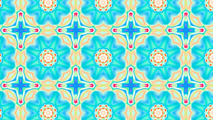 Seamless psychedelic kaleidoscope pattern with neon green, pink and orange mandala symmetry