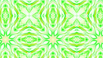 Seamless psychedelic kaleidoscope pattern with neon green, pink and orange mandala symmetry