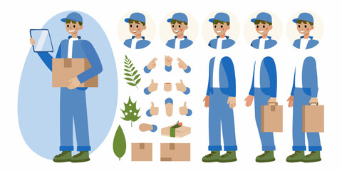 Delivery person character kit with multiple poses and elements for customization and animation