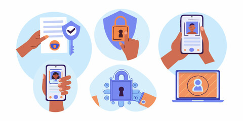 Digital security and privacy concepts illustrated with hands interacting with documents locks smartphones and a laptop