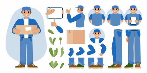 Delivery man character kit with package tablet and various body parts for animation