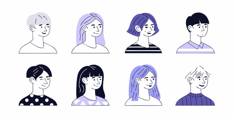 Diverse group of stylized people avatars with different hairstyles and clothing styles