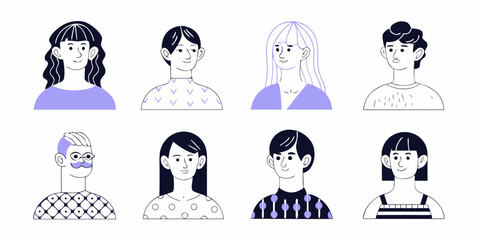 Collection of diverse illustrated avatars with unique hairstyles and clothing styles