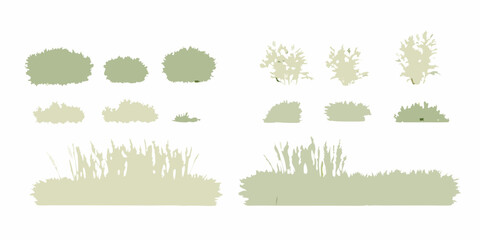 Collection of stylized green grass and bush silhouettes for landscape design and illustration
