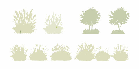 Collection of stylized green grass and tree silhouettes on a white background