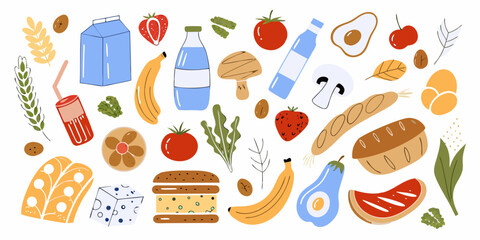 Assortment of fresh food items and drinks in a whimsical hand drawn style