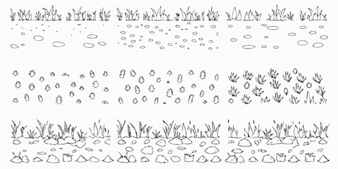 Collection of hand drawn black and white borders featuring grass pebbles leaves and rocks