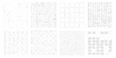 Collection of eight abstract geometric patterns and textures in grayscale shades with subtle variations