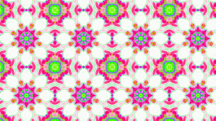 Fototapeta premium Seamless psychedelic kaleidoscope pattern with neon green, pink and orange mandala symmetry