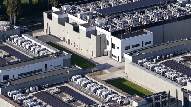 artificial intelligience in Italy. Data center in Milan Italy. Big data, high tech, server space and AI, aerial video. Hyperscaler. Machine learning and IT technology.