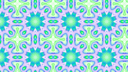 Seamless psychedelic kaleidoscope pattern with neon green, pink and orange mandala symmetry