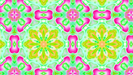 Seamless psychedelic kaleidoscope pattern with neon green, pink and orange mandala symmetry
